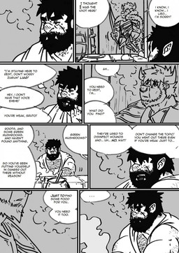 dialogue facial_piercing hairy male muscular nose_piercing nose_ring piercing ring_piercing text husky92 european_mythology greek_mythology mythology bovid bovine humanoid mammal minotaur orc comic english_text hi_res monochrome multiple_scenes