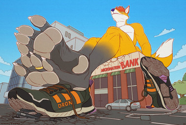 4_toes anthro barefoot black_body black_feet building car city claws clothing cloud crush day destruction digit_ring feet foot_fetish foot_focus footwear footwear_only fur green_clothing green_eyes hair jewelry macro male male_anthro markings mostly_nude multicolored_body nude orange_body orange_fur outside pawpads paws plant plantigrade ring ring_(jewelry) shoes shoes_only sitting sky sneakers soles solo stomping street tail text toe_claws toe_ring toes tree vehicle white_body white_fur thaz_(artist) canid canine fox mammal hi_res