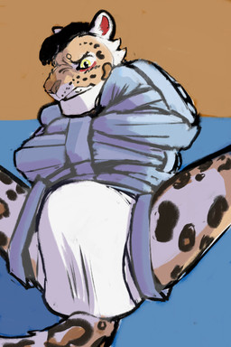 anthro diaper erection erection_in_diaper male markings restraints solo spots spotted_markings straitjacket yellow_eyes caramelbunz felid leopard mammal pantherine hi_res
