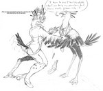 anthro beak business_suit butt clothing dialogue duo feather_growth feathered_wings feathers feet female footwear growth hair high_heels male necktie open_mouth shoes simple_background smile species_transformation suit surprise tail tail_growth talons text toes torn_clothing transformation white_background wings comictf accipitriform avian bird human mammal secretary_bird 2018 english_text monochrome