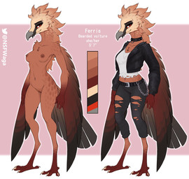 anthro avian_feet beak belt bottomwear breasts choker claws clothed clothing eyebrow_piercing facial_piercing feathered_arms feathers female front_view fully_clothed genitals jacket jewelry leather leather_clothing leather_jacket leather_topwear navel navel_piercing necklace nipple_piercing nipples non-mammal_breasts non-mammal_nipples nude pants piercing smile solo tan_body tan_feathers topwear torn_bottomwear torn_clothing torn_pants vulva winged_arms wings w4g4 ferris_(nisvuthjusandre) accipitrid accipitriform avian bearded_vulture bird old_world_vulture vulture 2023 hi_res model_sheet