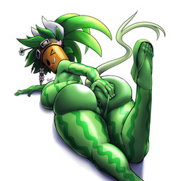 anus armwear big_breasts big_butt black_eyes blush blush_stickers breasts butt clothing clothing_aside eyewear eyewear_on_head feet female footwear forked_tail genitals goggles goggles_on_head green_body green_clothing green_tail leaf leaf_hair legwear looking_at_viewer looking_back looking_back_at_viewer pattern_armwear pattern_clothing pattern_legwear plant plant_hair pseudo_hair raised_foot sandals shoes simple_background smile solo tail unusual_anatomy unusual_tail vulva watermelon_pattern white_background keramagath blaster_master kanna_(blaster_master) elemental_creature elemental_humanoid flora_fauna humanoid plant_humanoid tailed_humanoid 1:1 hi_res