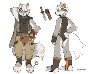 accessory anthro belt_collar biped clothed clothing countershade_arms countershade_fur countershading dipstick_tail eyebrows fingerless_gloves footwear fur gloves grey_body grey_fur hair handwear headband inner_ear_fluff male markings one_piece_suit ring simple_background socks solo stirrup_socks tail tail_markings tuft white_background white_hair milkybot canid canine mammal hi_res