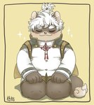 anthro belly blush bottomwear brown_body brown_fur clothing eyebrows fur kneeling male shorts slightly_chubby solo thick_eyebrows topknot young kuwai0121 lifewonders tokyo_afterschool_summoners masashi_(tas) canid canine canis domestic_dog mammal hi_res