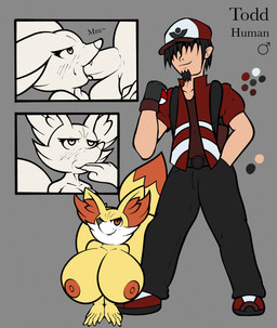 anthro balls big_breasts big_butt blush bodily_fluids breasts butt clothed clothing duo erection fellatio female finger_in_mouth fur genital_fluids genitals huge_breasts huge_butt interspecies looking_pleasured looking_up male male/female male_penetrating nipples nude oral penetration penile penis pokeball pokephilia sex simple_background smile tail tongue topwear yellow_body yellow_fur fennyfen_1 nintendo pokemon todd_(fennyfen_1) canid canine fennec_fox fennekin fox generation_6_pokemon human mammal pokemon_(species) true_fox absurd_res digital_media_(artwork) hi_res model_sheet