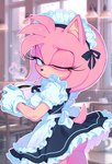 anthro beverage butt cafe clothing container cup female gloves green_eyes handwear hot_drink looking_back maid_headdress maid_uniform one_eye_closed pink_body smile solo tail uniform creamm_cake sega sonic_the_hedgehog_(series) amy_rose eulipotyphlan hedgehog mammal hi_res