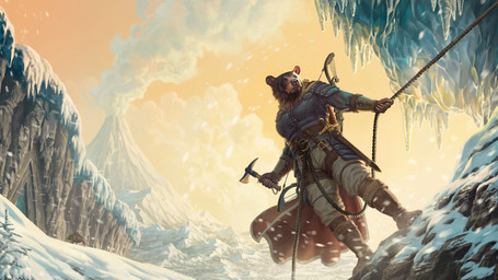 anthro armor belt bow_(weapon) bracers brown_body brown_eyes brown_fur claws climbing climbing_harness cloak clothed clothing female finger_claws footwear fully_clothed fur ice ice_axe icicle leather leather_armor melee_weapon mountain outside quiver_(object) ranged_weapon rope scabbard snow solo sword toe_claws toeless_footwear volcano weapon caraid noss_saga kitjari_(noss_saga) bear mammal absurd_res book_cover cover digital_media_(artwork) hi_res