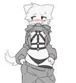 anthro bdsm_gear blush body_harness bottomwear clothed clothing clothing_lift dropping_pants femboy fluffy harness legwear looking_aside male navel navel_line pants presenting shy solo sweater sweater_in_mouth sweater_lift thigh_highs topwear undressing white_body sufness boy_kisser_(meme) silly_cat_(mauzymice) domestic_cat felid feline felis mammal animated high_framerate meme no_sound short_playtime webm