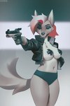 2024 2024_paris_olympics anthro breasts canid canine canis clothed clothing female gun jacket mammal meme miles_df navel nipple_tape olympics pasties ranged_weapon solo tape topwear weapon wolf yusuf_dikec