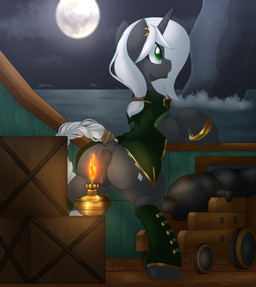 animal_genitalia animal_vulva anus black_body black_fur bottomless box butt cannon clothed clothing container crate cutie_mark equine_anus equine_genitalia equine_vulva female feral fire fur genitals green_eyes hair horn imminent_burning lamp oblivious oil_lamp pirate_outfit ranged_weapon solo vulva weapon white_hair pearlyiridescence hasbro my_little_pony mythology fan_character equid equine horse mammal mythological_creature mythological_equine pony unicorn absurd_res hi_res
