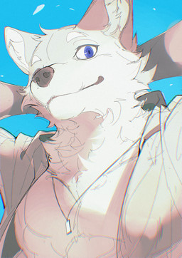 anthro blue_background blue_eyes blue_pupils closed_smile clothed clothed_anthro clothed_male clothing eyebrows fur hands_behind_head hands_behind_own_head inner_ear_fluff jewelry looking_at_viewer male mouth_closed necklace open_clothing open_shirt open_topwear pupils ringed_iris shirt simple_background smile smiling_at_viewer solo topwear tuft white_body white_clothing white_eyebrows white_fur white_inner_ear_fluff white_sclera white_shirt white_topwear chiayeeee canid canine canis mammal wolf 2024 absurd_res bust_portrait chromatic_aberration digital_drawing_(artwork) digital_media_(artwork) hi_res portrait
