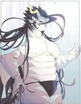 abs anthro black_hair claws clothed clothing grey_body grey_scales hair horn long_hair looking_at_viewer male muscular muscular_anthro muscular_male pecs scales smile solo speedo swimwear topless wet wet_body izm_rm7 lifewonders mythology tokyo_afterschool_summoners fuxi_(tas) dragon mythological_creature mythological_scalie scalie absurd_res hi_res