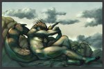 anthro bodily_fluids claws cloud covering covering_mouth day detailed_background lying_on_ground male nude on_ground outside red_eyes rock sitting solo spikes spikes_(anatomy) tattoo tears zinthings dislyte fallen_angel_(painting) lilith_games daylon_(dislyte) crocodile crocodilian reptile scalie hi_res inspired_by_formal_art