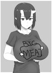 big_breasts breasts female holding_breast horn huge_breasts humanoid_pointy_ears not_furry pointy_ears simple_background solo text nao_(artist) horned_humanoid humanoid digital_media_(artwork) english_text hi_res monochrome shaded