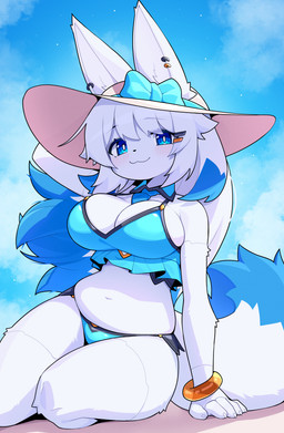 5_fingers :3 anthro bangs belly big_breasts bikini biped black_eyebrows black_nose blue_bikini blue_bow blue_clothing blue_eyes blue_hair blue_markings blue_necktie blue_sky blue_swimwear blue_tail_tip blush blush_lines blushing_at_viewer bow_(feature) bracelet breasts claws cleavage closed_smile clothed clothed_anthro clothed_female clothing cloud dipstick_tail ear_piercing ear_ring eyebrow_through_hair eyebrows eyelashes eyelashes_through_hair female female_anthro finger_claws fingers fluffy fluffy_tail front_view fur furgonomic_hat furgonomic_headwear furgonomics hair hat hat_bow headgear headwear humanoid_hands jewelry kemono long_hair looking_at_viewer machine markings mouth_closed multicolored_hair navel necktie piercing pose pupils ring_piercing shadow shirt_collar sky small_waist smile smiling_at_viewer solo sun_hat swimwear tail tail_markings thick_thighs translucent translucent_hair two-piece_swimsuit two_tone_hair white_body white_claws white_clothing white_fur white_hat white_headwear white_pupils white_sclera devil-vox bella_(devil-vox) android canid canine canis mammal robot absurd_res hi_res portrait shaded