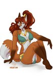 anthro bedroom_eyes black_nose breasts brown_hair dipstick_tail female fur gloves_(marking) green_eyes hair jewelry leg_markings markings midriff narrowed_eyes necklace orange_body orange_fur seductive simple_background smile socks_(marking) solo tail tail_markings white_background toxi_de_vyne_(artist) diana_artemis canid canine fox mammal 2023 hi_res