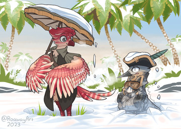 ambiguous_gender anthro clothing duo eyewear goggles hat headgear headwear ice palm_tree plant smile snow standing tree umbrella roawayart avian