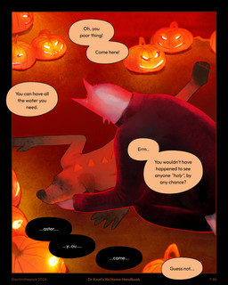 4_toes anthro black_border border dialogue duo eyes_closed feet food fruit glowing hand_under_chin jack-o'-lantern kneeling lying on_front plant priest priest_robes pumpkin speech_bubble spikes spikes_(anatomy) text toes sharkinthepark rowel_(sharkinthepark) avian bird canid canine fox mammal owl 2026 4:5 absurd_res comic english_text hi_res