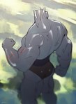 abs anthro back_muscles biceps big_butt biped butt clothed clothing glistening glistening_body glistening_skin grey_body grey_skin male muscular muscular_anthro muscular_thighs outside partially_submerged pecs pokemorph pose solo topless water wet zfou nintendo pokemon generation_1_pokemon machoke pokemon_(species) 2023 absurd_res digital_media_(artwork) hi_res