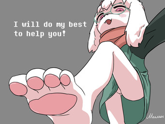 4_toes anthro balls blush butt clothing eyewear feet floppy_ears foot_fetish fur genitals glasses humanoid_feet male pawpads paws pink_eyes plantigrade robe scarf solo text toes white_body white_fur milinkapro deltarune undertale_(series) ralsei bovid caprine goat mammal 4:3 english_text hi_res