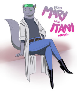 anthro belt boots bottomwear clothing coat crossed_legs denim denim_bottomwear denim_clothing eyewear female flat_chested footwear glasses green_eyes high_heeled_boots high_heels jeans lab_coat looking_at_viewer pants shirt shoes simple_background sitting smile solo text topwear crovirus brand_new_animal studio_trigger marie_itami mammal mink mustelid musteline true_musteline absurd_res hi_res