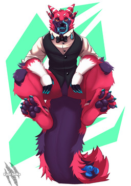 4_ears accessory anthro big_claws big_feet blue_tongue bow_tie claws clothed clothing digitigrade duo feet fur male multi_ear necktie paws red_body simple_background spikes suit tail thick_tail thick_thighs tongue tongue_out topwear vest yellow_eyes kobi_seika lorgar_(ceti') aquatic arthropod centipede ceti'_(species) crustacean decapod hybrid lobster malacostracan myriapod absurd_res hi_res