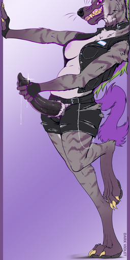 alternative_fashion animal_genitalia animal_penis anthro biped black_pseudo-penis bodily_fluids bottomwear breasts bulge chain clothed clothed_anthro clothed_gynomorph clothed_intersex clothing countershade_fur countershade_torso countershading digitigrade erection fingers fur genital_fluids genitals glistening glistening_genitalia glistening_penis grey_body grey_fur gynomorph hand_on_penis hyaenid_penis intersex lgbt_pride penis pink_eyes precum pride_colors punk solo standing teeth topwear transgender_pride_colors vein veiny_pseudo-penis yellow_teeth dark_violet hyena mammal 2025 absurd_res digital_drawing_(artwork) digital_media_(artwork) hi_res trans_(lore) trans_woman_(lore)