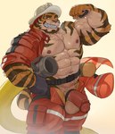 abs accessory anthro armor balls barazoku beard belt biceps big_balls big_muscles big_penis bodily_fluids bottomwear circumcised clothed clothing cock_ring countershading eyebrows facial_hair firefighter flaccid flexing fur genitals gloves handwear hard_hat headgear helmet hose huge_muscles humanoid_genitalia humanoid_penis jewelry male muscular muscular_anthro muscular_male navel nipples obliques open_bottomwear open_clothing open_pants open_shirt open_topwear orange_body orange_fur pants pecs penis penis_accessory penis_jewelry shirt simple_background smile solo standing striped_body striped_fur stripes sweat teeth topwear tuft unzipped vein veiny_muscles white_background zipper imato felix_(imato) felid mammal pantherine tiger 2022 absurd_res digital_drawing_(artwork) digital_media_(artwork) hi_res