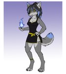 anklet anthro bracelet clothing dress ear_piercing ear_ring eyeshadow female fire fur grey_body grey_fur highlights_(coloring) jewelry magic_user makeup piercing ring_piercing solo yellow_eyes umbrafang emmy_(umbrafang) canid canine canis mammal wolf