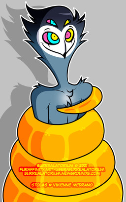 4_eyes ambiguous_gender anthro anthro_on_feral beak bestiality black_hair coiling coiling_around_body duo feathers feral grey_background grey_body grey_feathers hair hypnosis male male/ambiguous male_on_feral mind_control multi_eye restrained_arms ringed_eyes scales shadow simple_background smile solo_focus white_face yellow_body yellow_scales surrealatorium hellaverse helluva_boss stolas_(helluva_boss) avian bird demon owl owl_demon reptile scalie snake 2021 animated hi_res