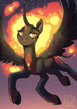 art_fight_2025 cutie_mark feathered_wings feathers female fire flying horn night sky solo space star wings conditional_dnp nikoyishi hasbro my_little_pony mythology blazing_comet(captainserif) equid equine horse mammal mythological_creature mythological_equine pony winged_unicorn 2025 full-length_portrait hi_res portrait shaded