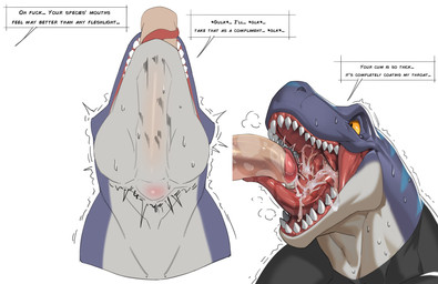 anthro anthro_focus anthro_penetrated bodily_fluids cum cum_in_mouth cum_inside dialogue disembodied_penis duo fellatio genital_fluids genitals male male/male male_penetrated male_penetrating male_penetrating_male multicolored_body oral penetration penile penis purple_body sex sharp_teeth solo_focus speech_bubble sweat teeth text two_tone_body white_body yellow_sclera cxcxxcxxxx dinosaur human mammal prehistoric_species reptile scalie 2026 absurd_res english_text hi_res