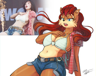 acorn anthro belt belt_buckle big_breasts biped blue_eyes bottomwear bra breasts buckle checkered checkered_clothing checkered_shirt checkered_topwear cheek_tuft cleavage clothed clothing countershade_breasts countershade_torso countershading denim denim_bottomwear denim_clothing denim_shorts eyebrows eyelashes facial_tuft female food fruit hair half-closed_eyes hand_on_own_chest inner_ear_fluff kneeling leaning leaning_backward lidded_eyes lipstick long_hair makeup meme_pose midriff multicolored_body narrowed_eyes navel nut_(fruit) open_clothing open_mouth open_shirt open_topwear panties pattern_clothing pattern_shirt pattern_topwear photo_reference plant pockets red_hair shirt shorts side-tie_panties solo solo_in_panel topwear tuft two_tone_body underwear azul35art archie_comics kwon_eunbi_waterbomb_pose sega sonic_the_hedgehog_(archie) sonic_the_hedgehog_(comics) sonic_the_hedgehog_(series) sally_acorn ground_squirrel mammal rodent sciurid 2025 absurd_res digital_drawing_(artwork) digital_media_(artwork) hi_res portrait reference_image signature three-quarter_portrait