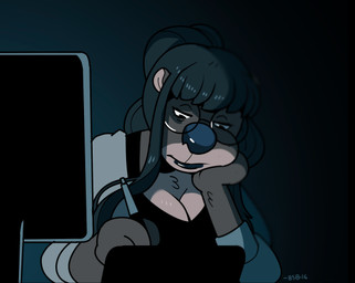 anthro big_breasts big_nose black_hair black_lips black_nose breasts brown_body brown_fur computer drawing_tablet electronics eyelashes eyewear female fur glasses glistening glistening_lips glistening_nose gradient_background hair half-closed_eyes holding_head lips long_hair monitor narrowed_eyes philtrum ponytail round_glasses simple_background solo tablet tablet_pen tired tired_eyes blackshirtboy otter_(blackshirtboy) mammal mustelid otter 2016