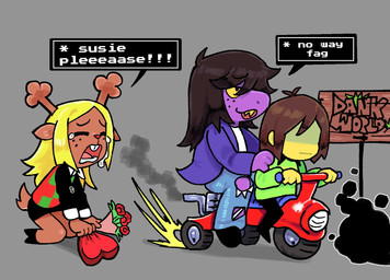2_horns ambiguous_gender anthro antlers blonde_hair bodily_fluids bouquet brown_hair buckteeth clothed clothing dialogue driving female flower flower_bouquet freckled_face freckles fur grey_background group hair homophobic_slur horn kneeling open_mouth plant purple_body rose_(flower) sign simple_background speech_bubble tail tears teeth text tricycle trio vehicle 1her0 deltarune no_way_fag undertale_(series) kris_dreemurr noelle_holiday susie_(deltarune) deer human mammal new_world_deer reindeer reptile scalie 2025 digital_media_(artwork) english_text hi_res meme