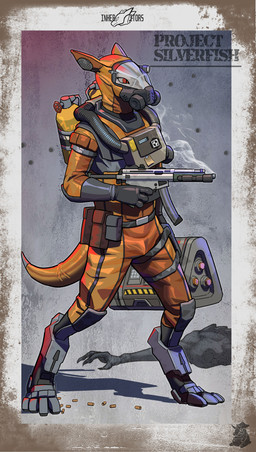 4_fingers 4_toes abstract_background ambiguous_gender anthro border bullet_casing bullet_hole clothed clothing digitigrade feet fingers footwear full_body_suit furgonomic_footwear furgonomic_headwear furgonomics gas_mask gloves gun handwear hazmat_suit holding_gun holding_object holding_ranged_weapon holding_weapon logo mask orange_clothing oxygen_tank ranged_weapon red_eyes scientific_instrument shoes smoking_gun solo standing submachine_gun tail tapering_tail text toes weapon white_body 419667 project_silverfish inheritor lizard reptile scalie 2025 absurd_res artist_logo english_text hi_res shaded