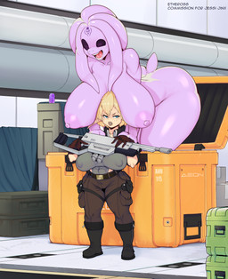 3_fingers 4_fingers abs annoyed anthro areola athletic bent_over big_breasts big_nipples black_sclera bodysuit boob_hat boots breasts butt clothed clothing compound_eyes crate detailed_background duo facial_markings female female/female fingers fluffy fluffy_tail footwear forehead_markings gloves gun hair handwear harness head_markings holding_gun holding_object holding_ranged_weapon holding_rifle holding_weapon huge_breasts humanoid_pointy_ears inside jacket leather leather_clothing leather_jacket leather_topwear markings nipple_outline nipples not_furry nub_tail nude open_mouth pink_areola pink_nipples pointy_ears pseudo_hair ranged_weapon rifle shoes shortstack skinsuit small_tail smile standing symbol tail tentacle_hair tentacles thick_thighs tight_clothing topwear weapon welder welding_tool wide_hips etheross celosia_(jessijinx) glyph_(jessijinx) alien alien_humanoid amphibian elf humanoid mammal absurd_res hi_res