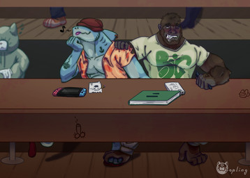 anthro bare_chest classroom clothing duo male male/male public roshu(woopling) school shirt sitting tattoo topwear woopling ape aquatic fish gorilla haplorhine mammal primate shark absurd_res hi_res