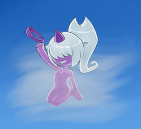 anthro clothing cloud convenient_censorship female hair horn nude smile solo teasing undressing young mario-grant palworld pocketpair dazzi_(pal) humanoid pal_(species)