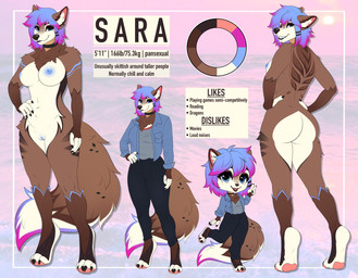 anthro areola big_breasts black_bottomwear black_clothing black_pants blue_areola blue_eyes blue_hair blue_markings blue_nipples blue_vulva bottomwear breasts brown_body brown_fur chibi clothing color_swatch denim denim_clothing denim_jacket denim_topwear female fluffy fluffy_tail fur genitals gesture gradient_hair grey_clothing grey_shirt grey_topwear hair hand_gesture hand_on_leg hand_on_side hand_on_thigh jacket looking_at_viewer looking_back looking_back_at_viewer markings multicolored_body multicolored_fur neck_tuft nipples pants pawpads pockets purple_hair shirt solo standing tail text topwear tuft v_sign vulva white_body white_fur cactuskiss sara_(swartzfox) canid canine fox mammal absurd_res english_text hi_res model_sheet