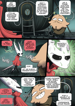 2_horns antennae_(anatomy) anthro biped black_body black_eyes black_text clenched_teeth cloak closed_smile clothed clothing dialogue duo ellipsis exclamation_point eyebrows facial_hair female fur horn looking_at_another male motion_lines mouth_closed mustache open_mouth open_smile pupils question_mark red_cloak red_clothing smile sound_effects sparkles speech_bubble standing talking_to_another teeth text white_pupils white_sclera vale-city hollow_knight:_silksong hollow_knight_(franchise) team_cherry hornet_(hollow_knight) kratt_(hollow_knight:_silksong) arthropod 2026 absurd_res comic english_text first_page hi_res