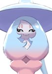 female flat_chested generation_8_pokemon grey_body grey_skin hatterene hi_res nintendo nipples not_furry pokemon pokemon_(species) simple_background smile solo try-trial white_background