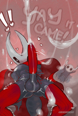 alternate_form anthro balls big_penis biped black_body black_tail blush bodily_fluids butt clothing cock_sock crossgender cum cumshot duo ejaculation erection exclamation_point fingers footwear genital_fluids genitals gynomorph heart_eyes heart_symbol intersex legwear male multicolored_body penis penis_clothing simple_background socks tail text thigh_highs white_body sincastermon hollow_knight_(franchise) team_cherry hornet_(hollow_knight) arthropod english_text hi_res