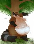 anthro belly belly_jiggle belly_overhang big_belly black_body black_fur brown_body brown_fur claws eyes_closed fur jiggling male markings moobs morbidly_obese morbidly_obese_male nude obese obese_anthro obese_male overweight overweight_anthro overweight_male plant ring_(marking) ringed_tail scratching smile solo sound_effects standing striped_markings striped_tail stripes tail tail_markings thick_thighs toe_claws tree white_body white_fur arkveveen_(artist) beeton mammal procyonid raccoon hi_res