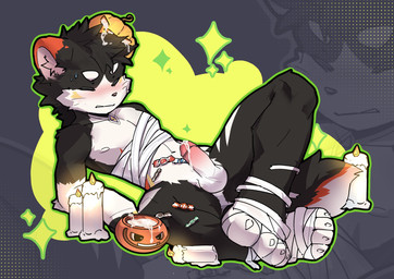 anthro balls bandage bandaged_chest bandaged_foot bodily_fluids candle candy dessert erection eyes_closed food genital_fluids genitals holidays humanoid_genitalia humanoid_penis jack-o'-lantern kemono leaking_precum lying male on_back penis precum solo young young_anthro young_male gbarrr1 halloween mammal 2025 chinese_description hi_res