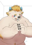 anthro belly blonde_hair blush embarrassed fupa hair male musclegut muscular navel nude solo young young_anthro haoming lifewonders tokyo_afterschool_summoners babe_bunyan_(tas) bovid bovine cattle mammal hi_res