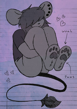 anthro arrow_pointing_to_foot black_clothing black_pawpads black_shirt black_topwear bottomless clothed clothing directional_arrow ear_piercing ear_stud female fur grey_body grey_fur hair hair_over_eyes heart_symbol legs_up long_hair pawpads paws piercing shirt solo tail text thin_tail topwear critteremitter critter_(critteremitter) mammal mouse murid murine rat rodent 2026 digital_media_(artwork) digital_painting_(artwork) english_text hi_res painting_(artwork) traditional_media_(artwork) trans_(lore) trans_woman_(lore)