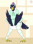 anthro blush clean_diaper clothed clothing diaper diaper_under_clothing diaper_under_skirt embarrassed femboy male solo wearing_diaper bubblepuppers gambit_(the_corvid) avian bird corvid oscine passerine hi_res