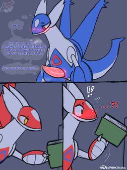 3_panel_comic animal_genitalia blush bodily_fluids book emenata eon_duo exclamation_point feral genital_fluids genital_slit genitals glistening glistening_genitalia glistening_penis legendary_duo male penis pent_up precum question_mark red_eyes solo tapering_penis text thought_bubble yellow_eyes delphoxiscool nintendo pokemon generation_3_pokemon latias latios legendary_pokemon pokemon_(species) 3:4 comic english_description english_text hi_res brother_(lore) brother_and_sister_(lore) gynomorph_(lore) sibling_(lore) sister_(lore)