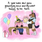 anthro apron balloon birthday black_ears black_feet black_hands black_nose brown_body brown_fur cake candle clothing dessert eyebrows eyes_always_closed eyes_closed eyewear feet food frown fur glasses haiku_(poetry) hat headgear headwear inflatable male party_hat party_horn pink_background poetry simple_background sitting smile standing tail thick_eyebrows whisker_spots white_feet p_rindustries elubbb_(p_rindustries) p_rindustries_(p_rindustries) canid canine equid equine horse mammal raccoon_dog tanuki